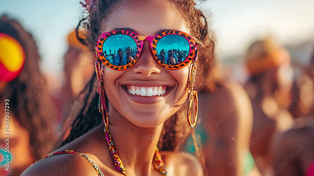 Joyful woman with vibrant sunglasses at a lively summer festival Joyful woman with vibrant sunglasses at a lively summer festival