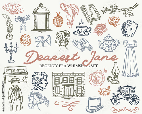 Dearest Jane Whimsical Set Vector Collection - Jane Austen inspired hand drawn illustrations