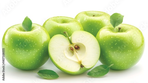 Fresh green apples with leaves and a half apple showing seeds