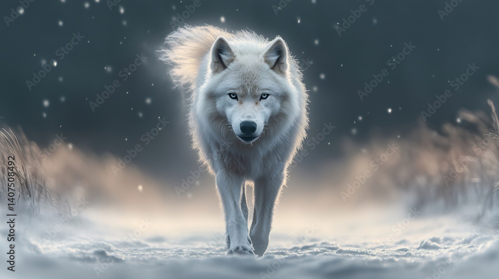 Majestic white wolf walking in snowy landscape during snowfall
