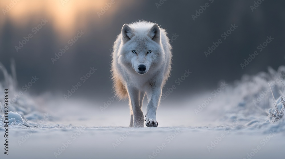 Arctic wolf walking on snow at sunset