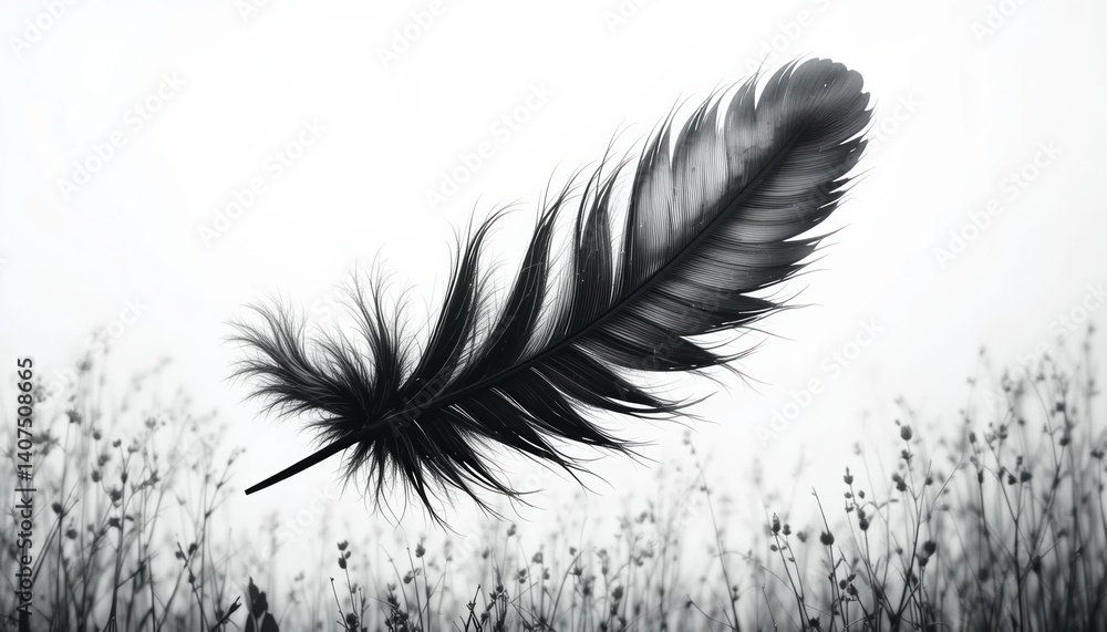 Obraz premium Captivating black feather floating above delicate wildflowers nature photography minimalist aesthetic calm atmosphere close-up perspective