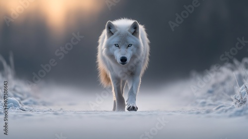 Obraz na płótnie Arctic wolf walking on snow at sunset w salonie