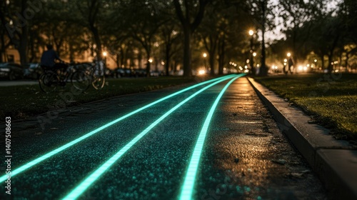Glowing path, night park, cyclist silhouette.