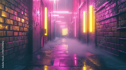 A quiet cyberpunk alley illuminated by soft pink and yellow neon lights reflecting off wet pavement 