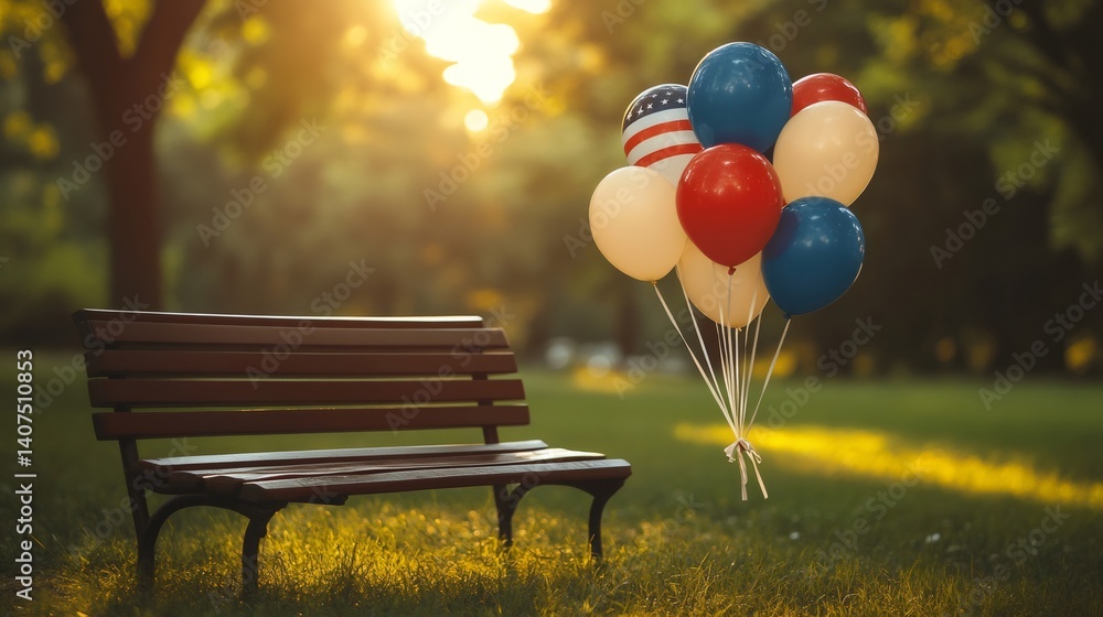 American balloons floating near park bench during golden hour