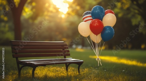 Obraz na płótnie American balloons floating near park bench during golden hour w salonie