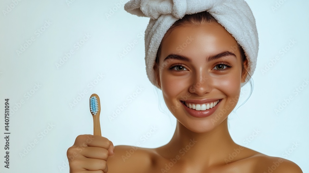 Smiling woman holding bamboo toothbrush promoting oral hygiene