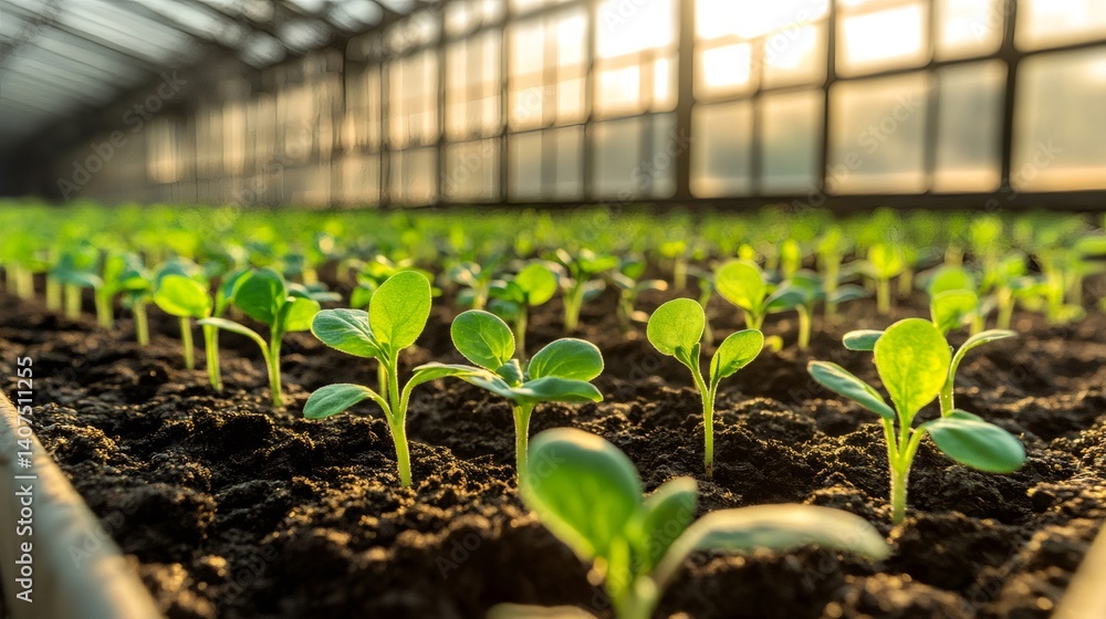 Seedlings growing in greenhouse at sunset, new life starting in fertile soil