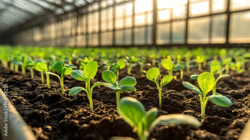 Obraz na płótnie Seedlings growing in greenhouse at sunset, new life starting in fertile soil w salonie