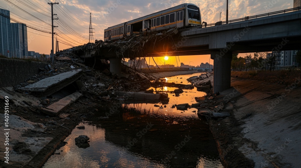 Fototapeta premium Collapsed train bridge after earthquake at sunset urban landscape destruction reflection dramatic view