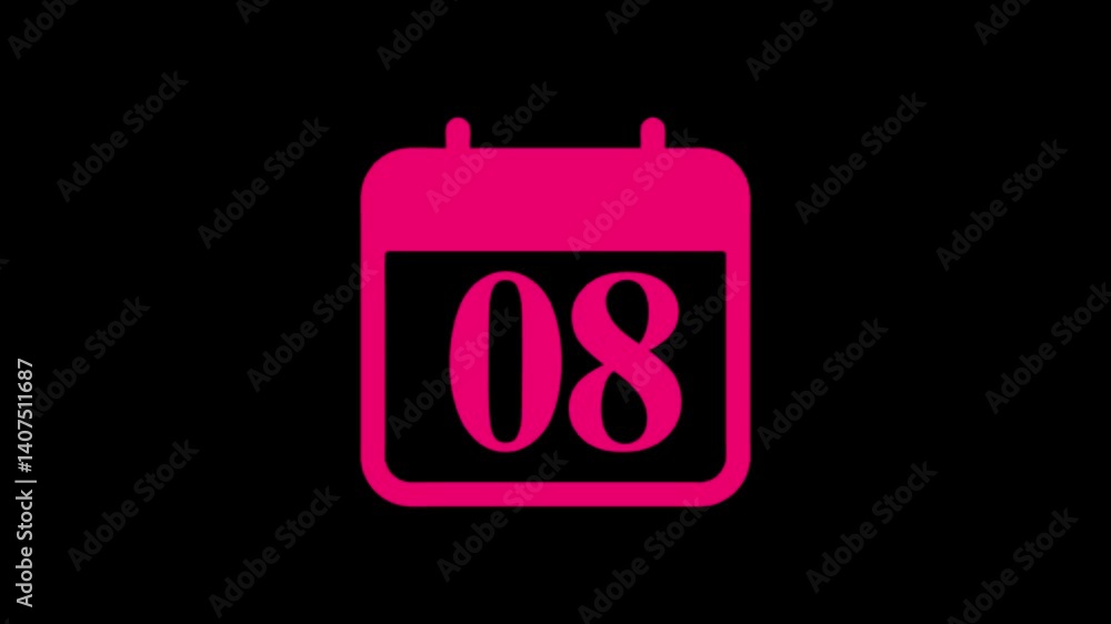 Animation of the date 8 on pink color calendar on a black background. Animation of the date 8 on pink color calendar on a black background.
