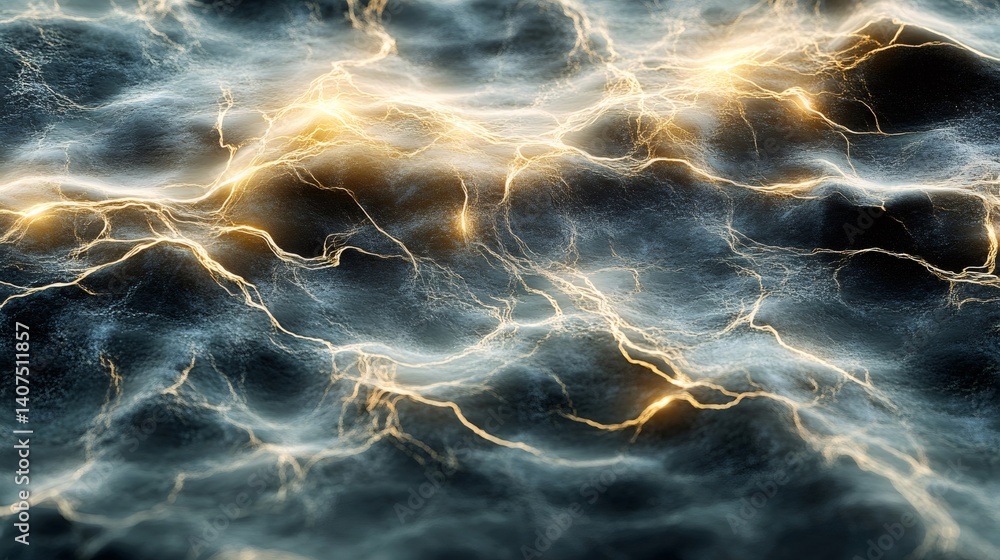 Golden energy flowing through dark abstract landscape