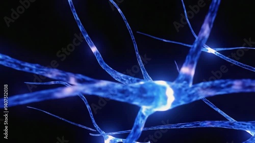 Blue glowing neural connections, with nerve impulses passing through synapses, dendrites, and axons of neurons
