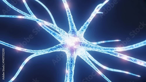 Macro view of glowing neuron, transmission of nerve impulse, brain electrical activity, looped video animation