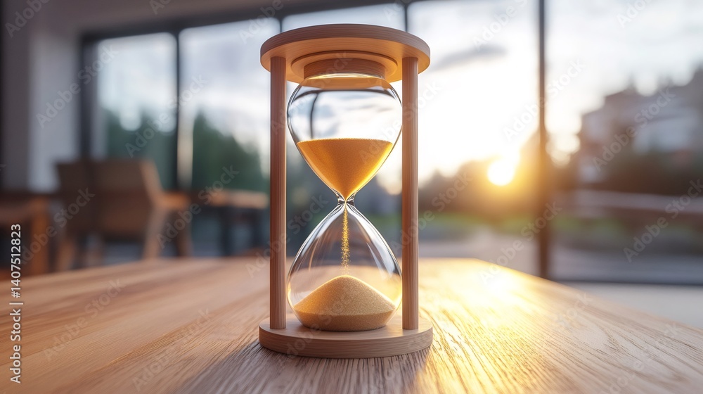 Hourglass measuring time on wooden table at sunset