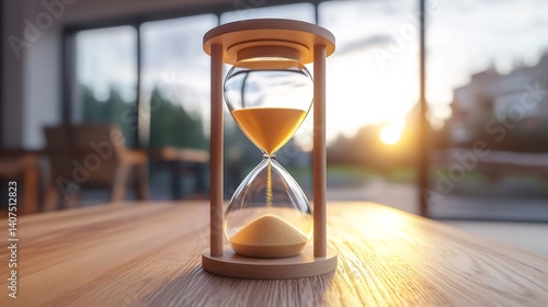 Obraz na płótnie Hourglass measuring time on wooden table at sunset w salonie
