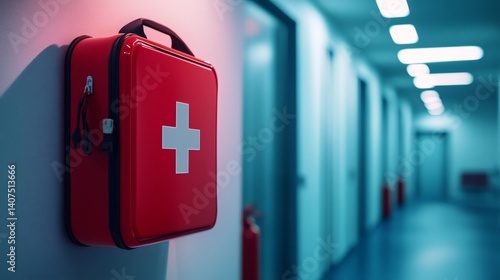 Red first aid kit hanging on wall in hospital corridor