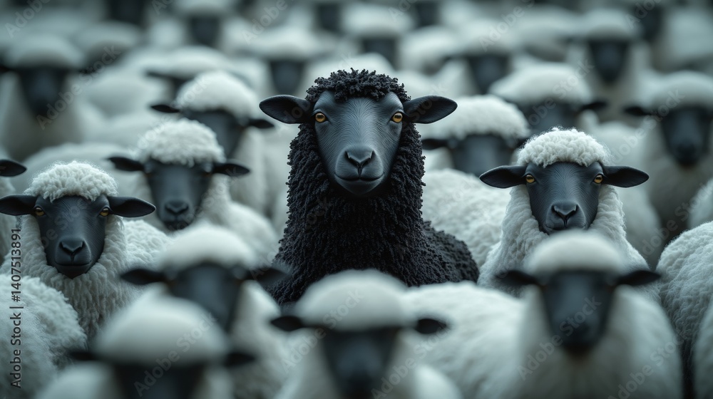 Black sheep standing out in a crowd of white sheep