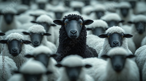 Obraz na płótnie Black sheep standing out in a crowd of white sheep w salonie