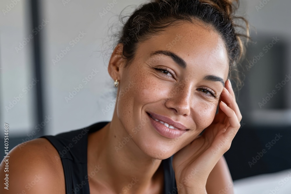 Fototapeta premium A joyful woman with freckled skin and a warm smile effortlessly showcases natural beauty, embodying confidence and serenity in a soft, minimalistic setting.