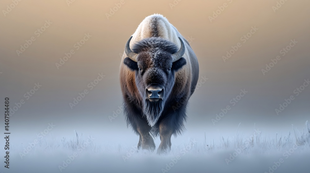 Majestic american bison walking in a frozen field at sunrise