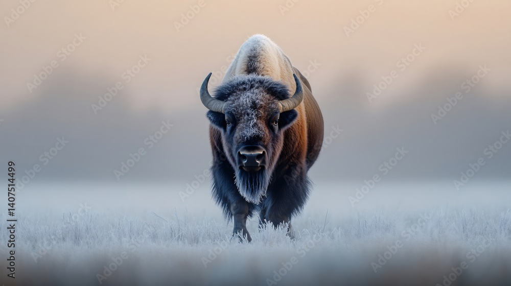 European bison walking on frozen grass at sunrise