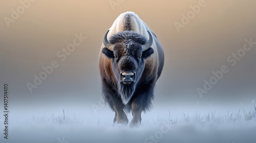 Obraz na płótnie Majestic american bison walking in a frozen field at sunrise w salonie