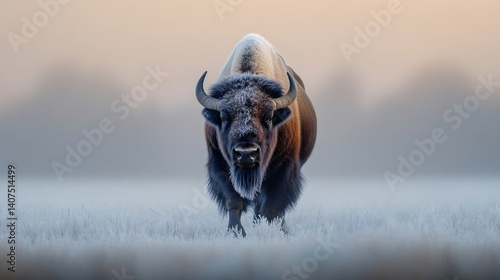 Obraz na płótnie European bison walking on frozen grass at sunrise w salonie