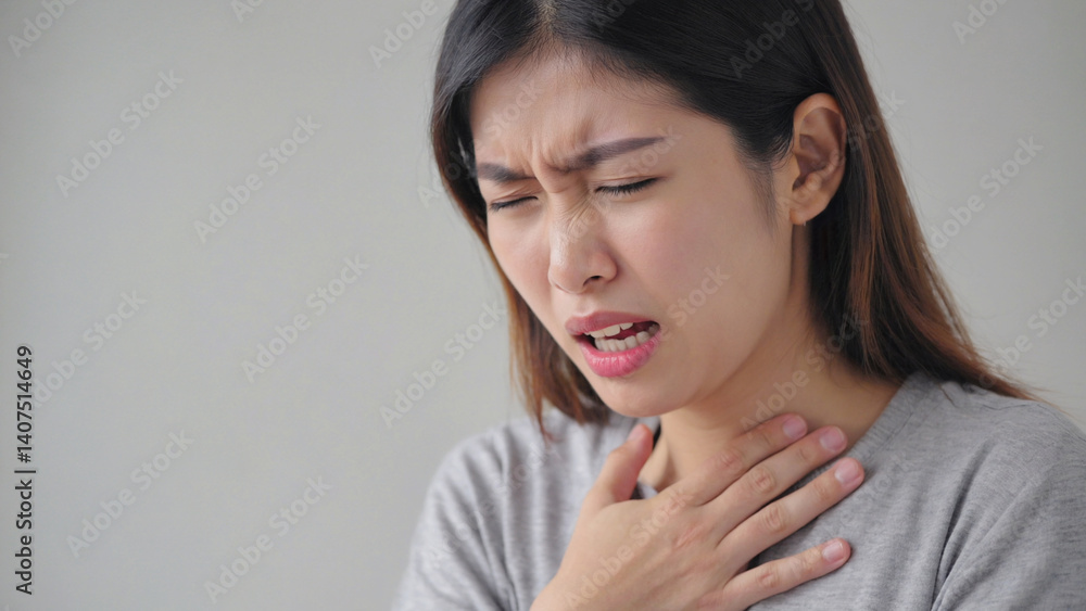 Pain and Discomfort: A young woman clutches her throat, eyes squeezed shut in a moment of acute discomfort and pain, suggesting illness, indigestion, or other ailments. Pain and Discomfort: A young woman clutches her throat, eyes squeezed shut in a moment of acute discomfort and pain, suggesting illness, indigestion, or other ailments.