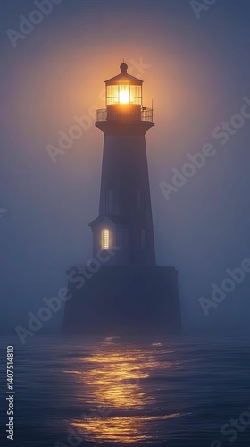 Solitary lighthouse shines bright fog ocean