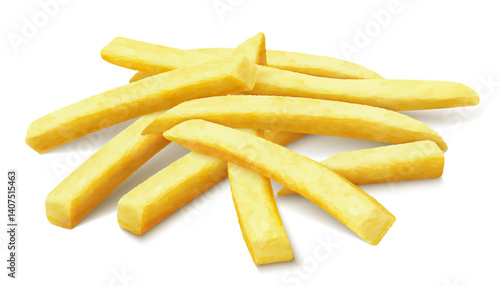 Delicious french fries. French fries are deep-fried potatoes. Yellow sticks, isolated on white background. Fast Food. Unhealthy tasty food. Realistic 3d vector illustration.