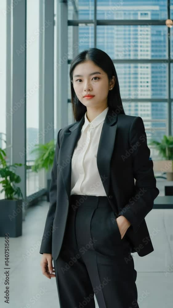 Confident Young Professional Woman Posing in Business Suit Inside Modern Office with Cityscape View Confident Young Professional Woman Posing in Business Suit Inside Modern Office with Cityscape View