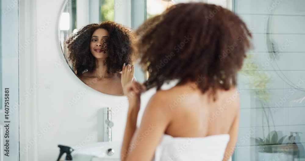 African girl, bathroom and natural hair with mirror to touch locks with self love or care, embrace and individuality with empowerment. Woman, home and happy for healthy curls, grooming and confidence African girl, bathroom and natural hair with mirror to touch locks with self love or care, embrace and individuality with empowerment. Woman, home and happy for healthy curls, grooming and confidence