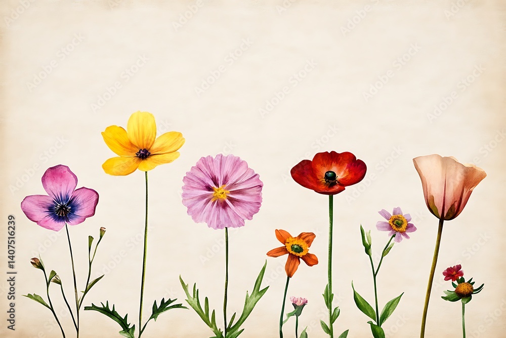 Fototapeta premium Colorful Wildflowers with Soft Vintage Texture Background