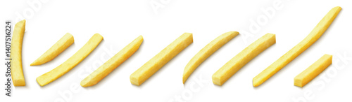 Delicious french fries. French fries are deep-fried potatoes. Yellow sticks, isolated on white background. Fast Food. Unhealthy tasty food. Realistic 3d vector illustration.