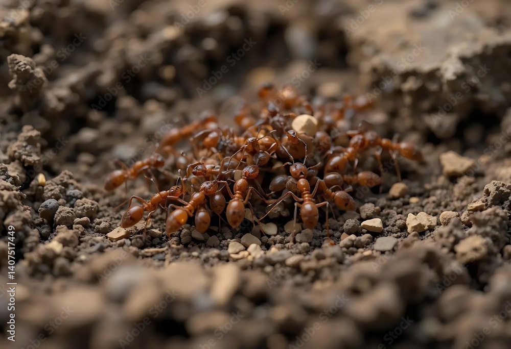Red Ants' Earthly Labor: A Close-Up Macro Photograph Red Ants' Earthly Labor: A Close-Up Macro Photograph