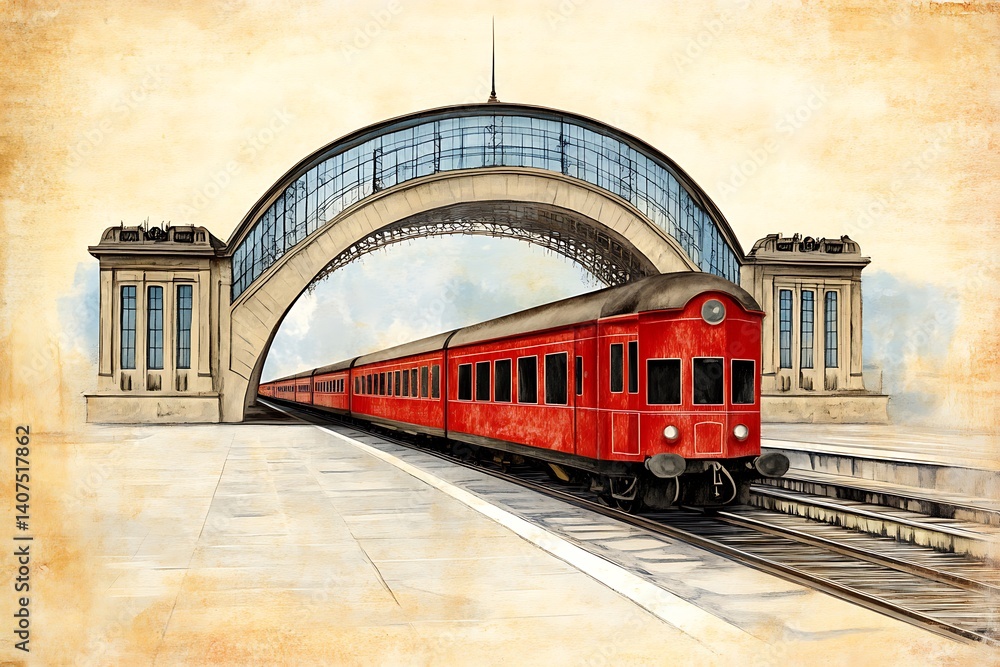 Obraz premium Red Train Approaching Artistic Railway Archway Station Landscape