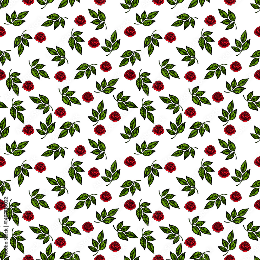 A seamless pattern featuring red roses and green leaves on a white background, ideal for textiles, wallpapers, or decorative designs. A seamless pattern featuring red roses and green leaves on a white background, ideal for textiles, wallpapers, or decorative designs.