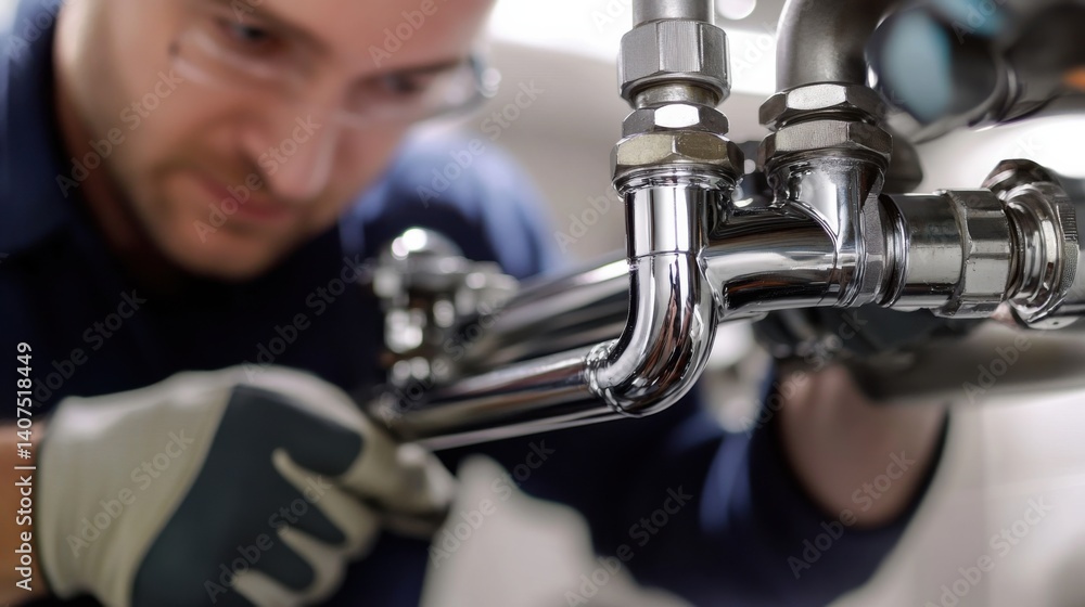 Fototapeta premium Plumber fixing pipes under a kitchen sink. Featuring problem-solving and efficiency
