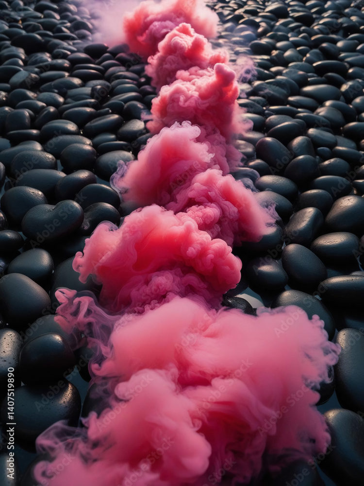 Obraz premium pink smoke spreads over smooth black pebbles