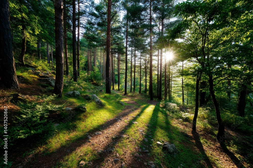 Fototapeta premium Tranquil Sunlight Shines Through Pine Trees on Forest Trail