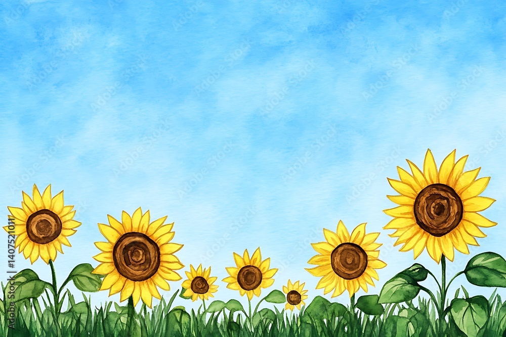 Fototapeta premium Bright Sunflowers Under Clear Blue Sky in Vibrant Nature Scene