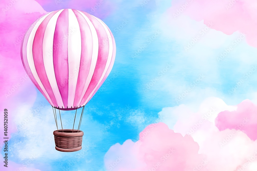 Fototapeta premium Colorful Hot Air Balloon Floating in a Blue Sky with Pink Clouds