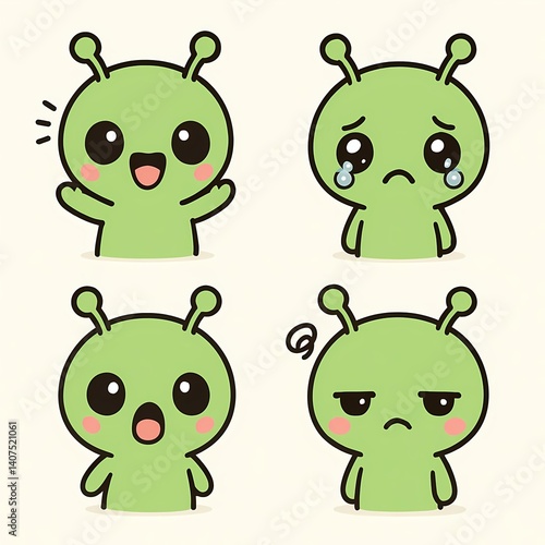 Cute green alien cartoon character showing different emotions—happy, sad, surprised, and annoyed—in a kawaii-style expression set.