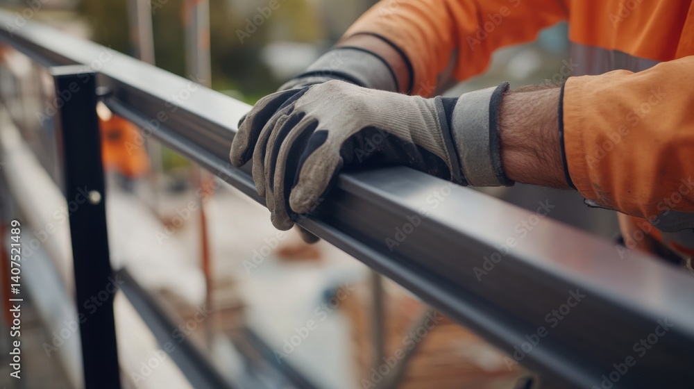 Construction worker installing a steel railing for safety. Featuring attention to detail and security Construction worker installing a steel railing for safety. Featuring attention to detail and security