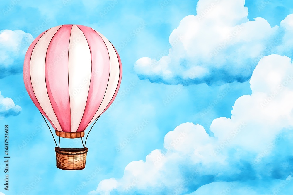 Fototapeta premium Colorful Hot Air Balloon Floating in a Blue Sky with Soft Clouds