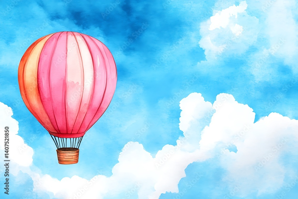 Fototapeta premium Hot Air Balloon Against a Bright Blue Sky with Fluffy Clouds