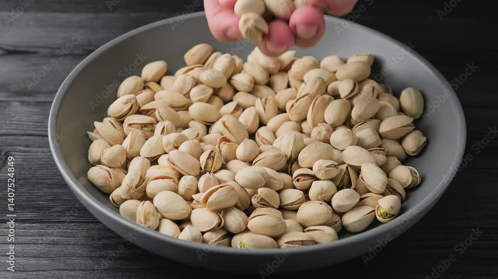 Man hand taking salted roasted pistachios in their shells, a healthy snack Man hand taking salted roasted pistachios in their shells, a healthy snack