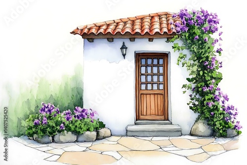 Charming White House with Door Surrounded by Vibrant Purple Flowers